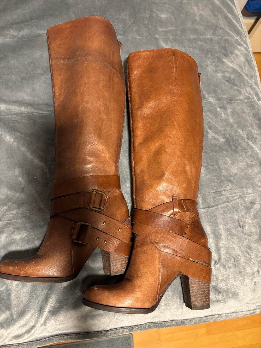 Nine West Vintage America Tall Leather Riding Boots in Cognac & Back Zip 7.5
